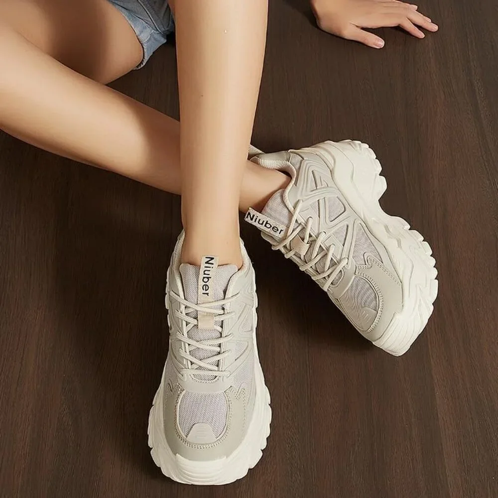 Women Taupe Casual Tennis Lace Up Chunky Sneakers Shoes